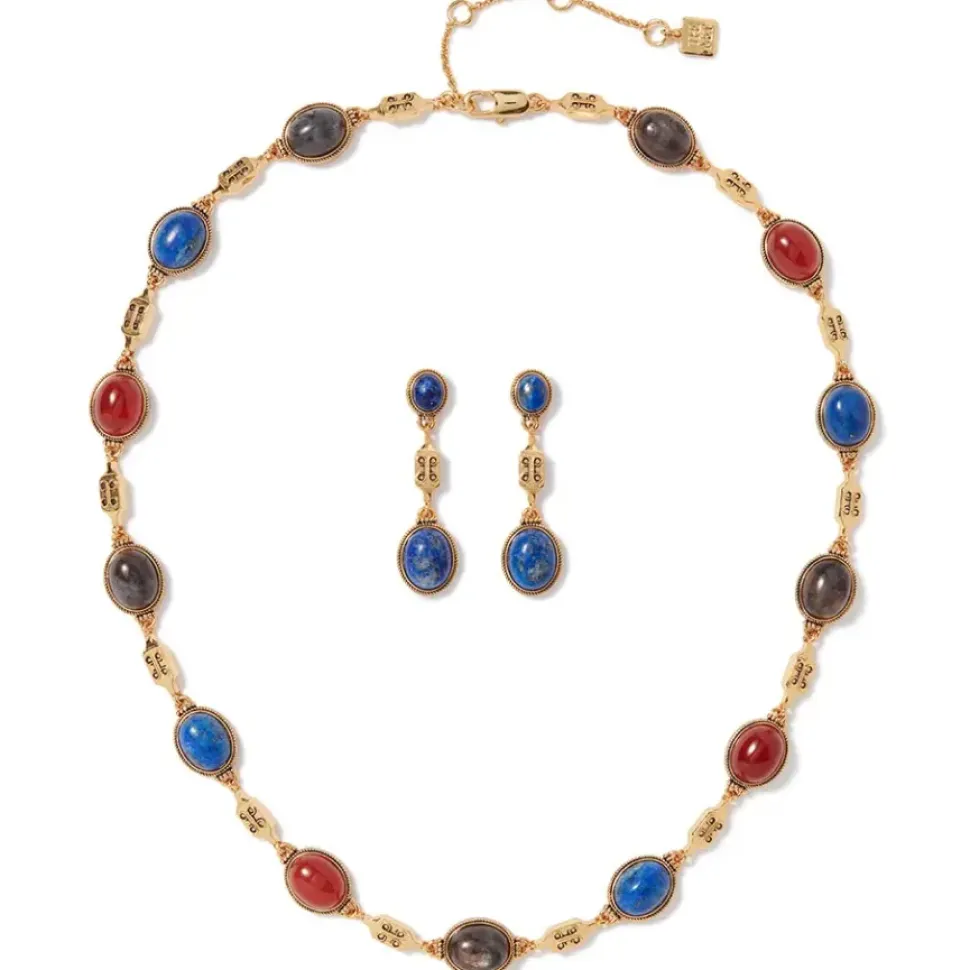 Ancient Gems Multistone Statement Necklace And Triple-Drop Lapis Earrings Set