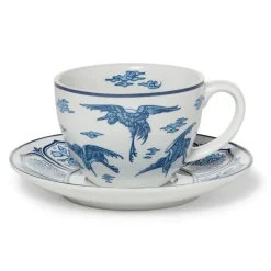 Blue & White Cranes Teacup And Saucer