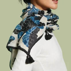 Blue & White Stylized Birds Oversize Oblong Scarf