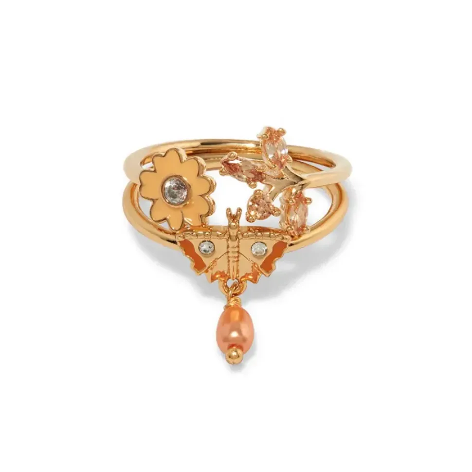 British Tree Of Life Butterfly And Flower Ring Set