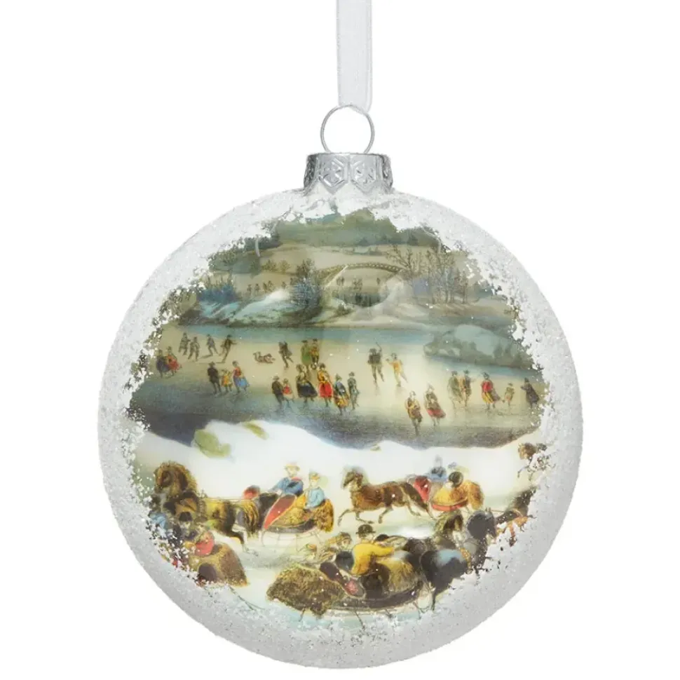Currier & Ives Central Park In Winter Glitter And Glass Disc Ornament