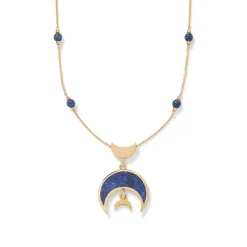 Fatimid Lapis Crescent Long Beaded Chain Pendant Necklace
