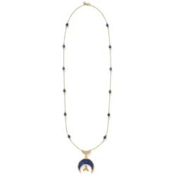 Fatimid Lapis Crescent Long Beaded Chain Pendant Necklace