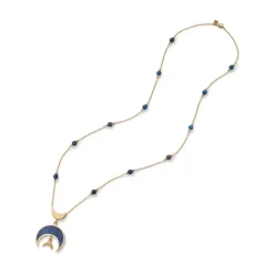 Fatimid Lapis Crescent Long Beaded Chain Pendant Necklace