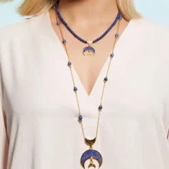 Fatimid Lapis Crescent Long Beaded Chain Pendant Necklace