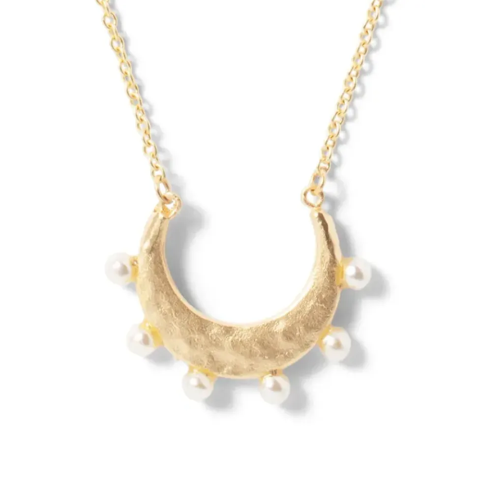 Hammered Crescent Pearl Pendant Necklace
