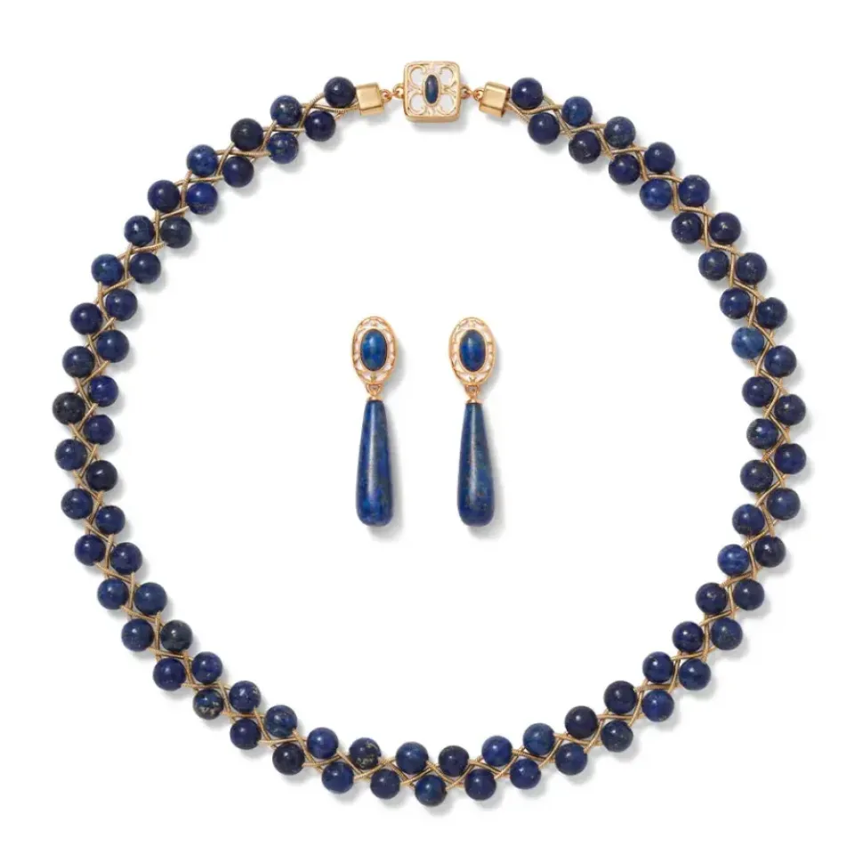 Spanish Baldric Lapis Braided Necklace And Elongated Drop Earrings Set