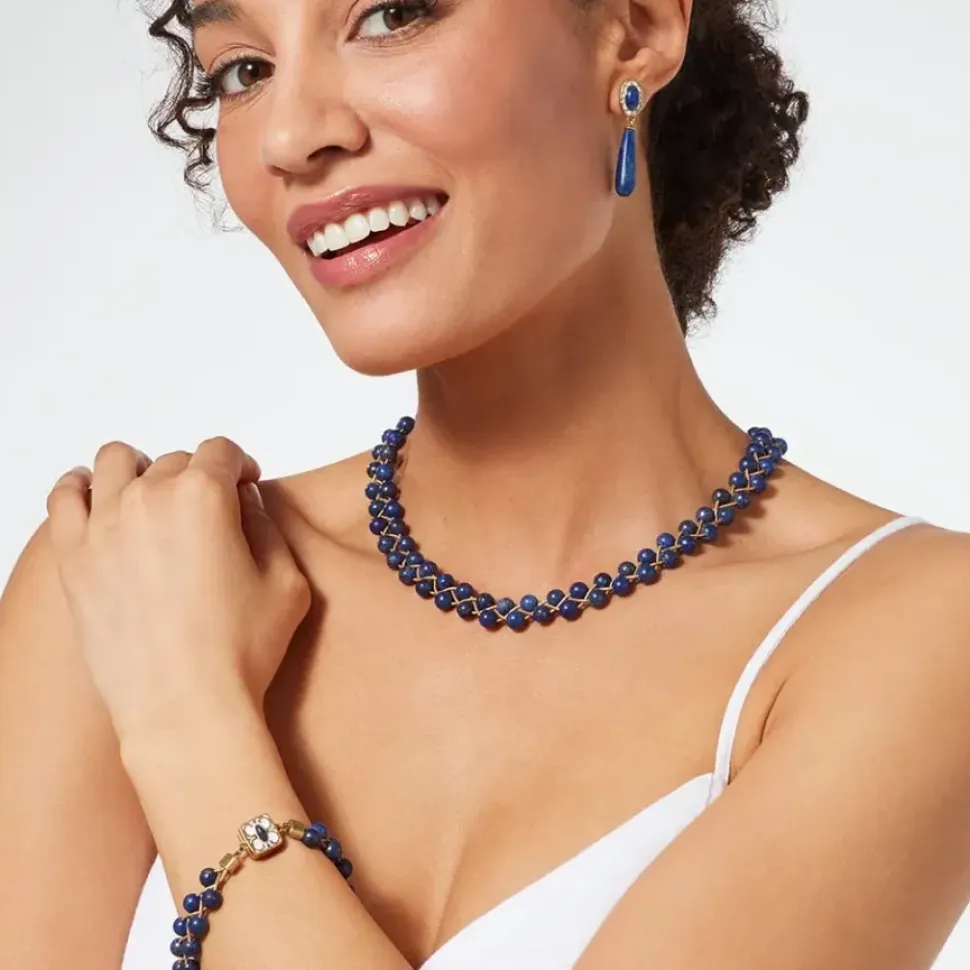 Spanish Baldric Lapis Braided Necklace And Elongated Drop Earrings Set