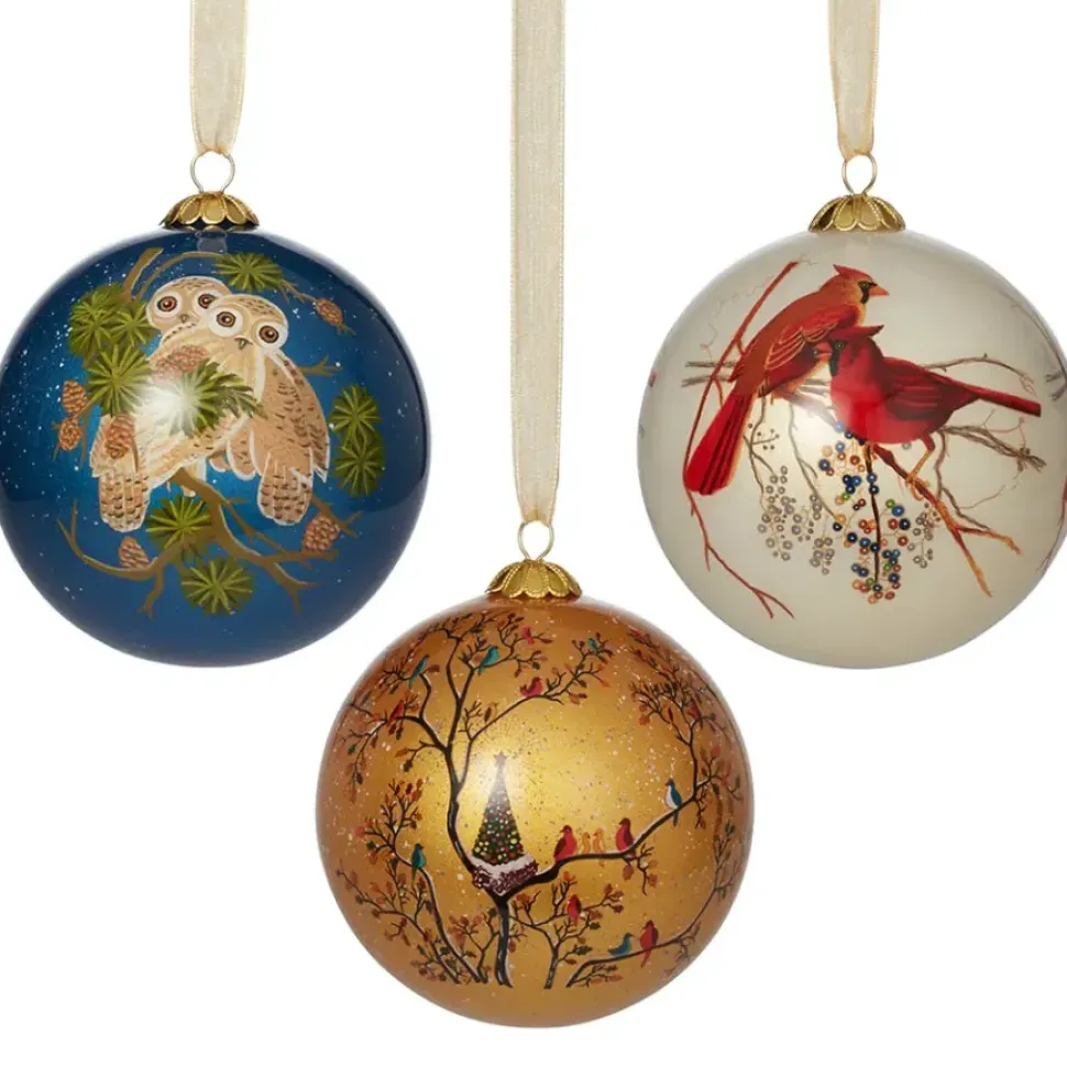 Winter Birds Hand-Painted Glass Ornament Set