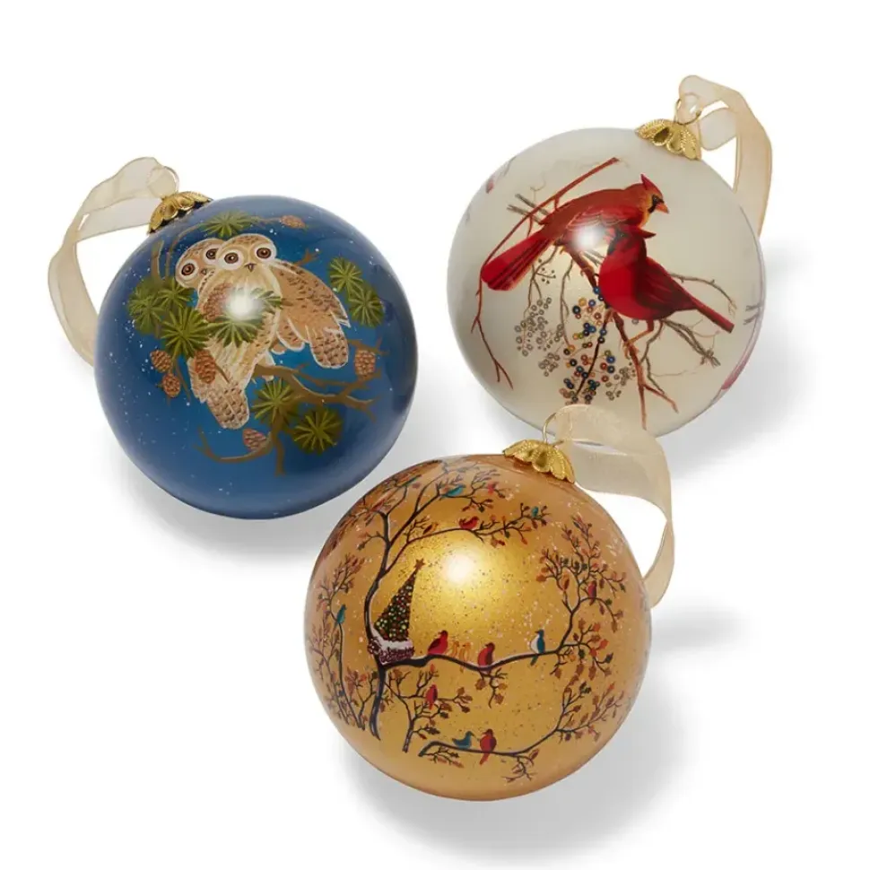 Winter Birds Hand-Painted Glass Ornament Set